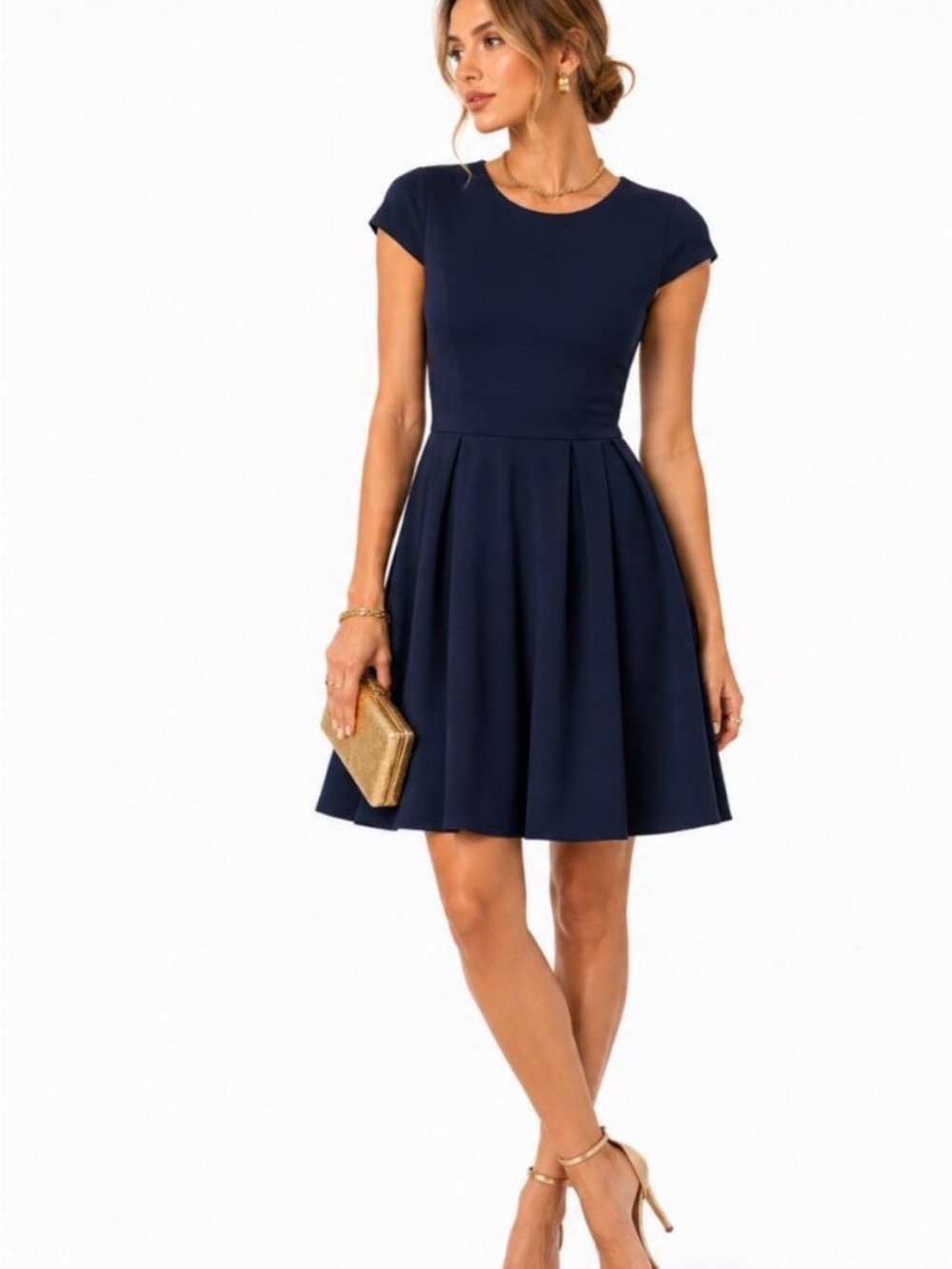Navy Cap-Sleeve Fit & Flare Dress